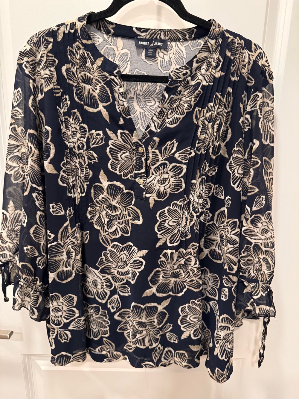 Nautica Navy and Cream Floral V-Neck Blouse